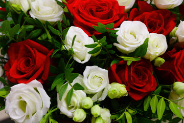 Bouquet of red white roses. Congratulations on a holiday or birthday.