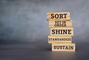 The 5s workplace organization method. Stack of wooden tiles with text SORT, SET IN ORDER, SHINE,...