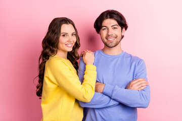 Photo of young attractive couple happy positive smile husband wife married isolated over pink color background