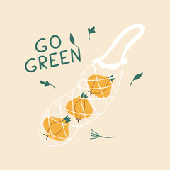 Zero waste lifestyle. No plastic. Eco friendly shopping bag with onion, reusable string bag with fresh vegetable. Nature protection banner, stickers, poster. Go green, no plastic concept. Local market
