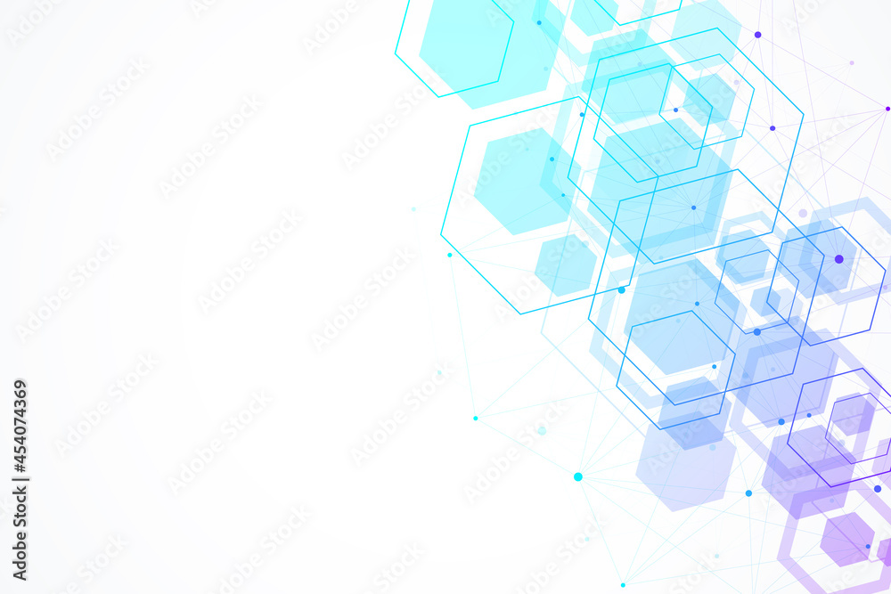 Poster Abstract hexagonal background with waves. Hexagonal molecular structures. Futuristic technology background in science style. Graphic hex background for your design, illustration