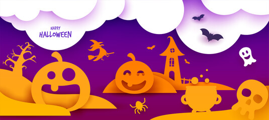 Happy halloween design composition. Cartoon background for banner, card, poster, cover in trendy paper cute minimalistic style. Colorful vector illustration.