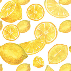 watercolor seamless pattern lemons and slices on a white background