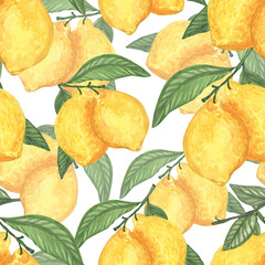 watercolor seamless pattern lemons on branches on a white background