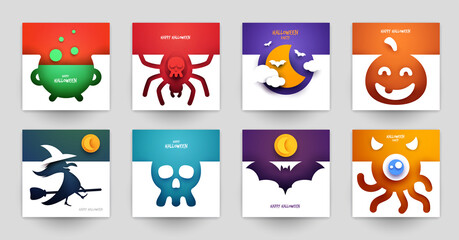 Happy halloween design background. Holiday collection cartoon composition in minimalistic modern layer style. Set templates for banner, poster, flyer, invitation card. Vector illustration.