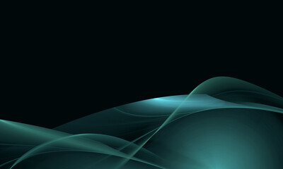 Abstract glowing turquoise 3d waves or curves in the bottom of black background. Sci fi or technology concept. Great as banner, background, wallpaper, design fragment or cover blank.