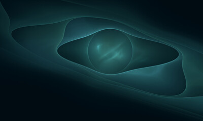 Abstract 3d digital illustration of cosmic eye, inner viewer or observer in turquoise hues glowing in dark. Objective and subjective concept. Sci fi, meditation, quantum field artistic representation. - 454075111