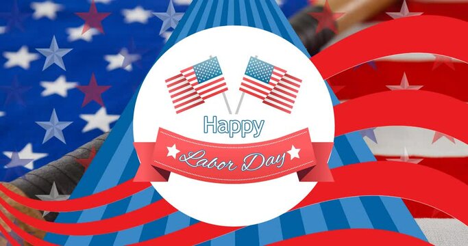 Animation of labor day text over flag of america pattern and baseball ball
