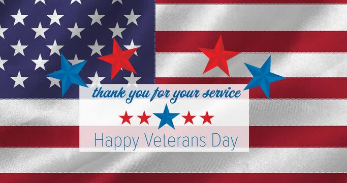 Animation of veterans day text over flag of america pattern