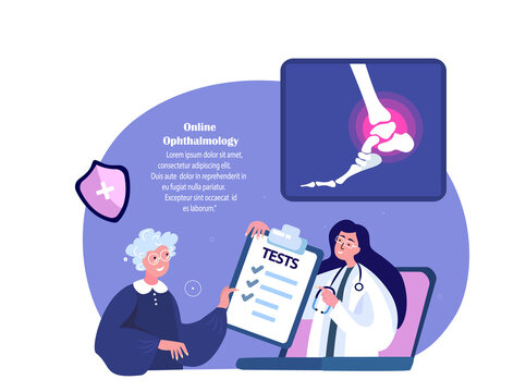 Online Rheumatologist Traumatologist Orthopedist Doctor Consultate Old Retired Woman Patient.Ankle Joint Pain,foot arthritis.Pensioner Arthoplasty Inflammation.Digital Hospital.Vector Illustration