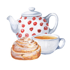 Tea with cinnamon roll. Autumn season food. Watercolor illustration.