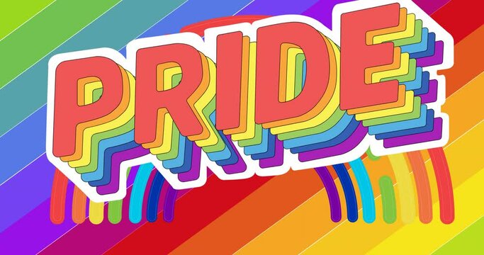 Animation of rainbow and pride text over rainbow stripes