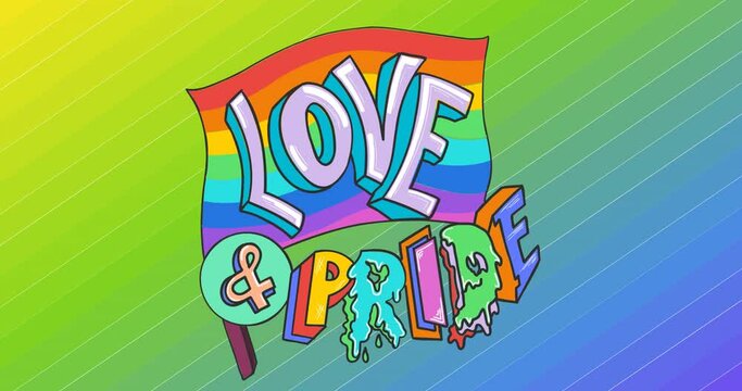 Animation of love and pride text and flag over rainbow stripes