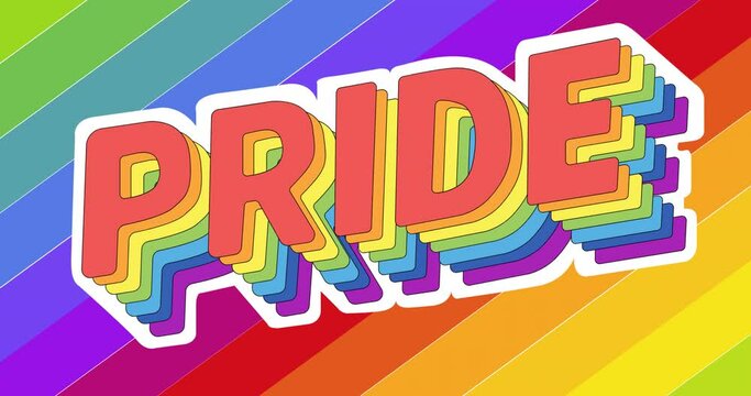 Animation of pride text over rainbow stripes
