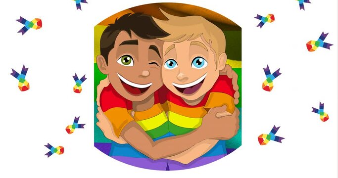 Animation of two boys hugging over rainbow flag and rainbow ribbons on white background