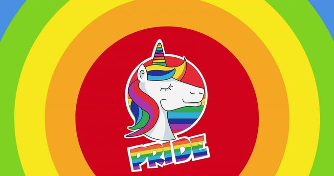 Animation of pride text with unicorn over rainbow stripes