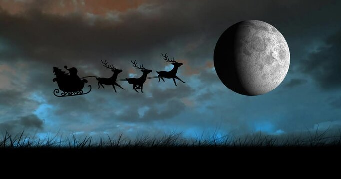 Animation of full moon and santa in sleigh over night sky