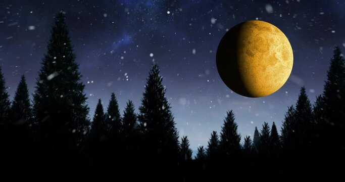 Animation of full moon and stars in forest at night scenery