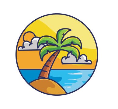 cute sunset beach coconut tree. cartoon travel holiday vacation summer concept Isolated illustration. Flat Style suitable for Sticker Icon Design Premium Logo vector. Mascot Character