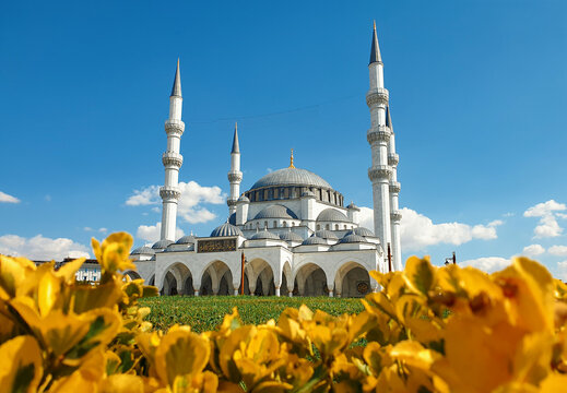 Melike Hatun Mosque ( Melike Hatun Camii ) behind the yellow flowers in summer. One of the most popular landmarks of Ankara. 