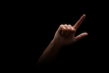 Pointing of index finger hand direction number one gesture sign and showing arm touch or press...