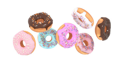 flying doughnuts - mix of multicolored sweet donuts with sprinkles on white background isolated. 3d