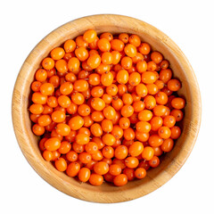 Sea buckthorn berries. Fresh ripe seabuckthorn berry in wooden bowl isolated on white background. Top view.