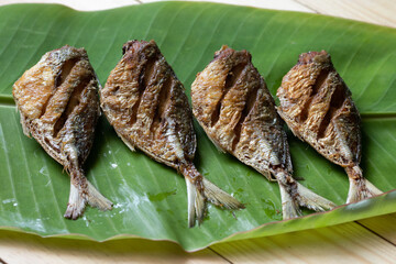 Fried mackerel on banana leaf background