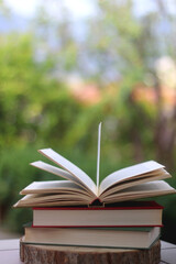 Stack of hardcover books in a garden. Selective focus.