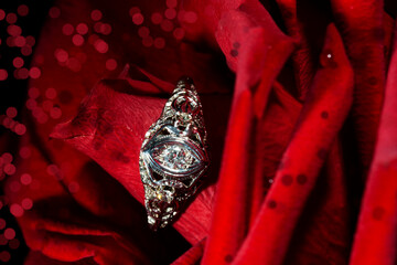 Platinum Ring With A Diamond On A Red Rose, close-up