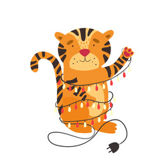 Vector illustration with a cute tiger entangled in a New Year's garland.