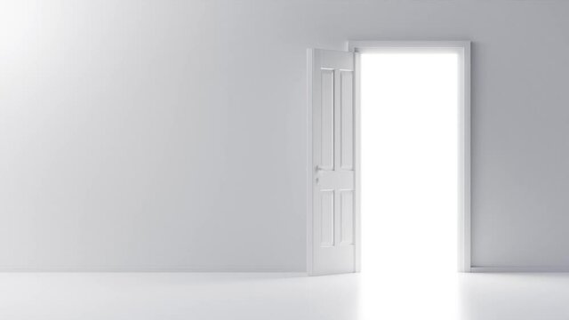 weiße Tür in weißem Raum öffnet sich - Thema Chancen, Möglichkeiten, Freiheit oder Zukunft.