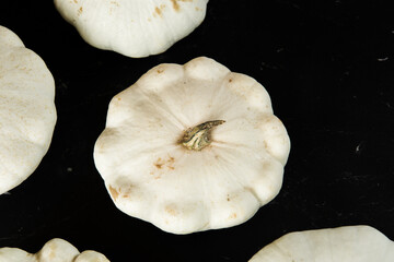 patison pumpkin squashed on dark kitchen table, whole bio raw vegetable brom village gardening