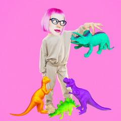 Funny collage scene.   Comic Girl character .and dinosaurs. Fears,  phobias,weirdness, emotions....