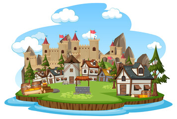 Medieval village scene on white background