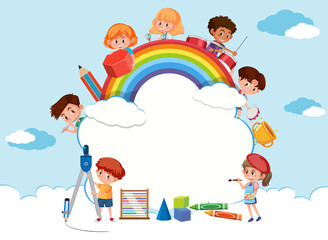 Empty cloud banner with school kids cartoon