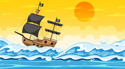 Ocean with Pirate ship at sunset time scene in cartoon style