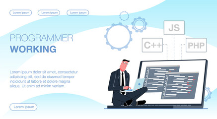 Programmer working. The programmer works on the computer. A man sits with a laptop, the monitor shows windows with program code. Flat vector illustration.