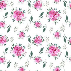 Seamless floral design in watercolor style. Seamless pattern of pink rose and greenery