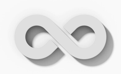 Infinity symbol 3d white isolated orthogonal with shadow on white background