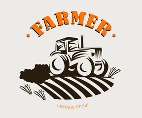 Farm logo, vintage vector illustration, food organic emblem. - obrazy, fototapety, plakaty