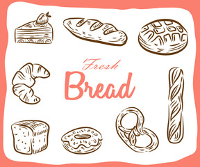 Vector card design with drawn baking illustration. Bakery or bakehouse menu.