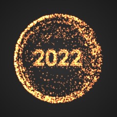 Happy new year 2022. Golden explosion particles background.