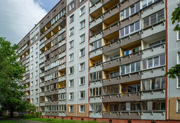 Multi-storey panel residential building.Post-soviet urban architecture