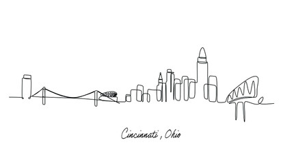 One single line drawing of Cincinnati city skyline, Ohio. Historical town landscape. Best holiday destination home wall decor art poster print. Trendy continuous line draw design vector illustration