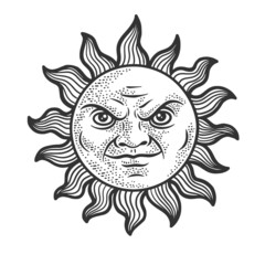 Evil cartoon sun sketch engraving vector illustration. T-shirt apparel print design. Scratch board imitation. Black and white hand drawn image.