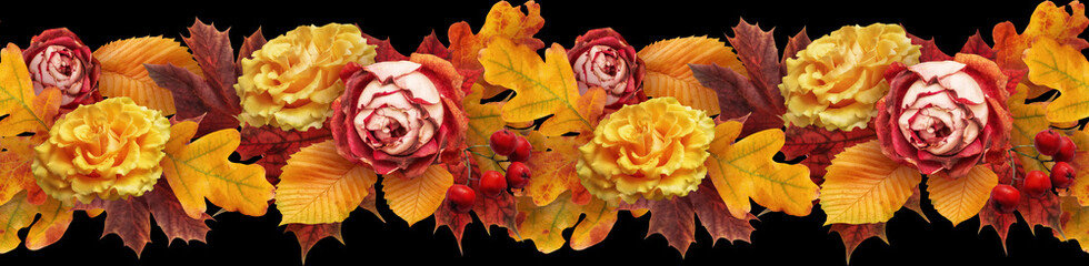 Autumn seamless border. Yellow and red leaves and flowers isolated on black background.