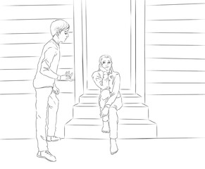 Digital illustration of a boy offering help to a girl that was kicked out for the night and is sitting in front of a door - obrazy, fototapety, plakaty