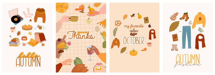 Set of invitation card - Cozy Autumn. Autumn holiday, seasonal food, decor, outfit. Cute illustration  in Hygge style. Editable Vector Illustration.