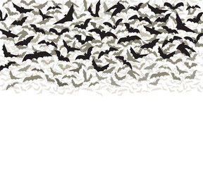 Silhouettes of bats isolated on white background. Pinioned black flittermouse swarm. Haotic flying flock of bats vampire. Scary Halloween traditional design element. Vector illustration. - 454087162